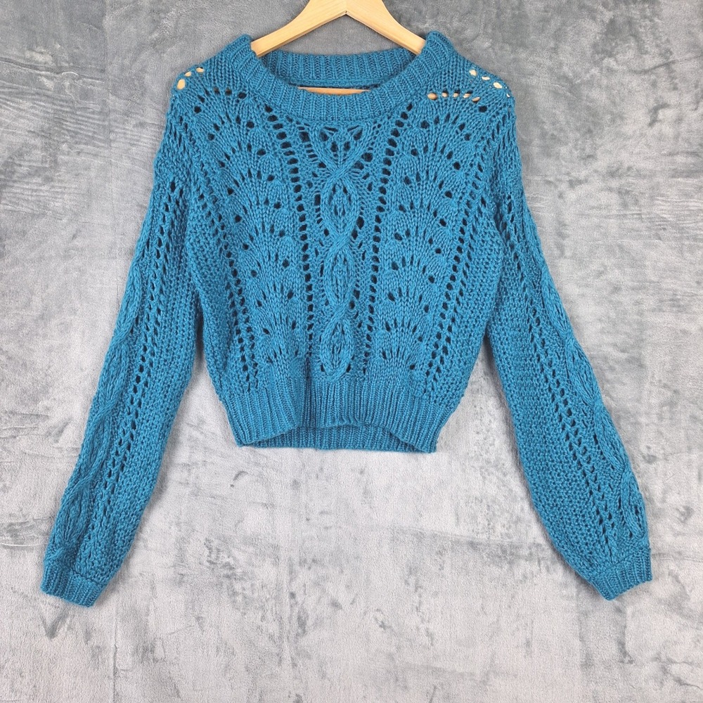 Womens Sweater Small Blue Cable Knit Boho Crochet Chunky‎ Fishermen Cottagecore